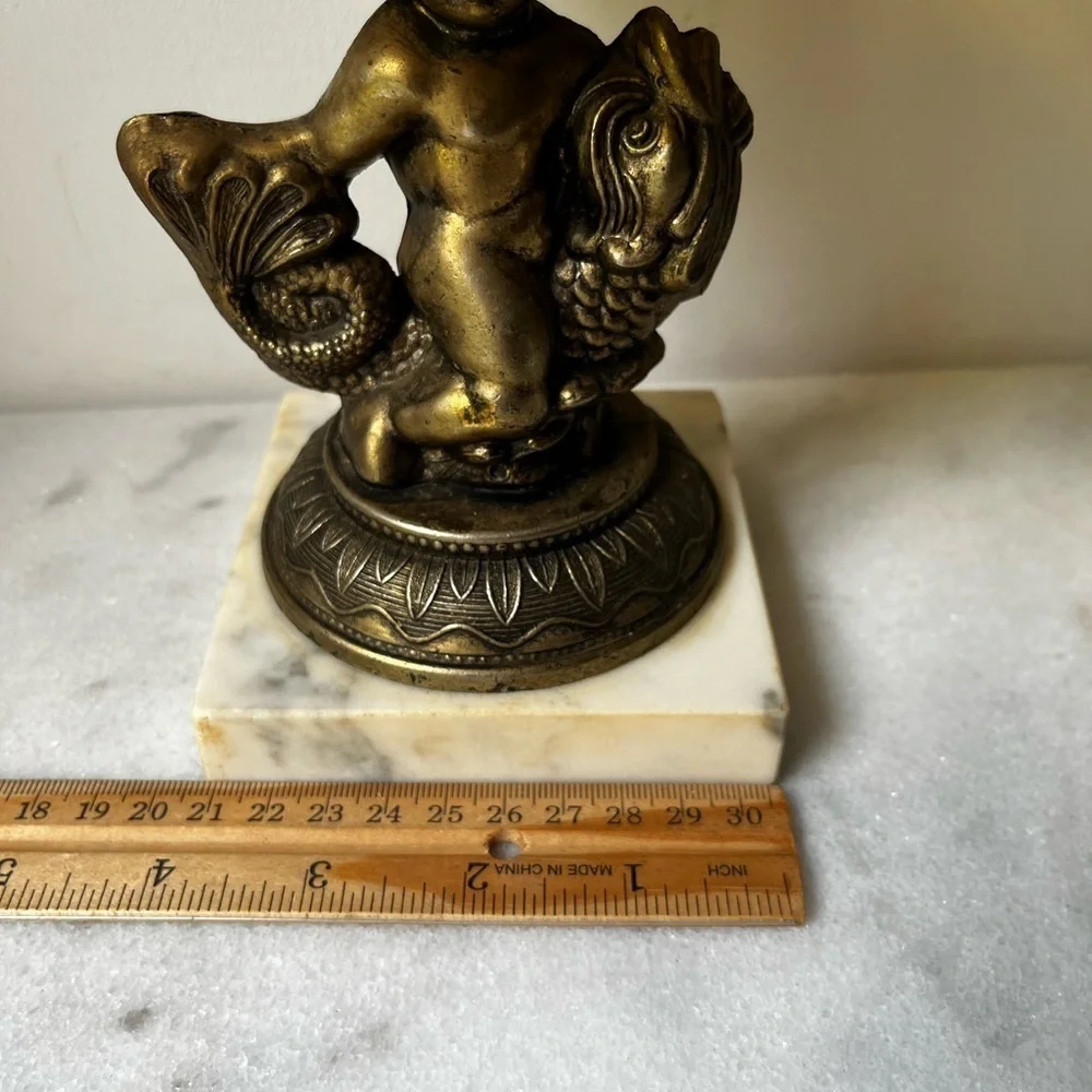 Vintage Cherub Riding a Koi Fish Sculpture Glass Bowl Candy Dish Soap AshTray